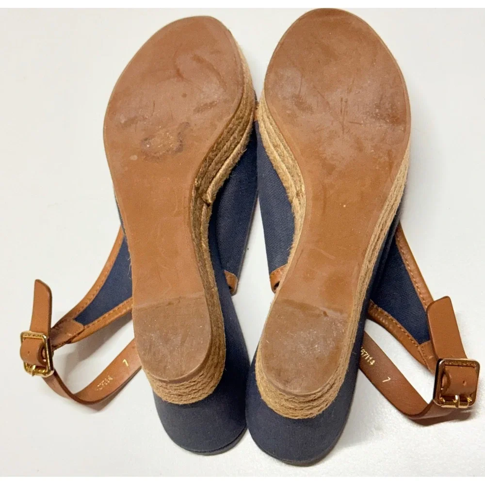 Tory‎ Burch Navy Canvas Tan Leather Espadrille Wedge Sandals Slingback Size 7